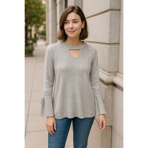 2/$30 A. Byer Keyhole Bell‑Sleeve Sweater XL Women Grey Ribbed Cozy Knit